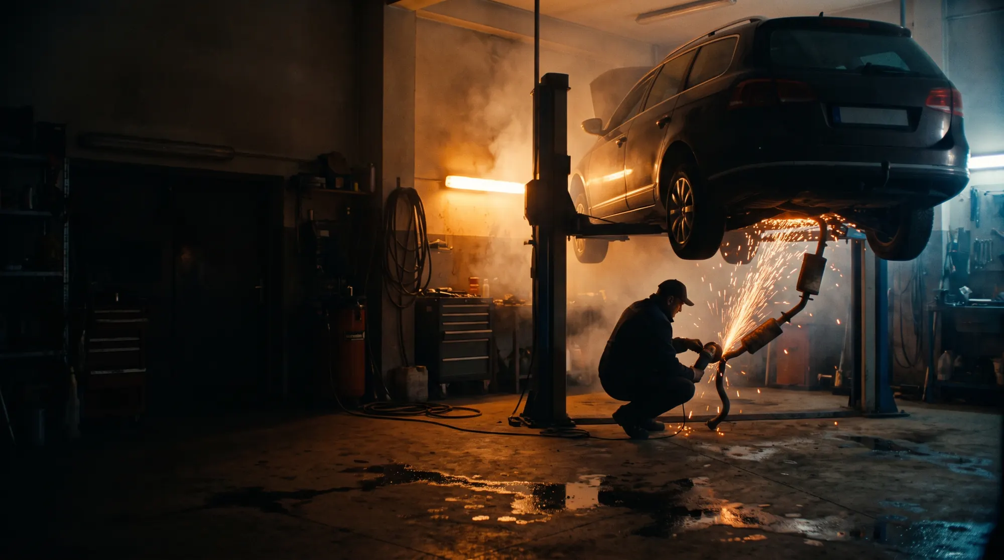 Automobilis ant keltuvo dirbtuvėse